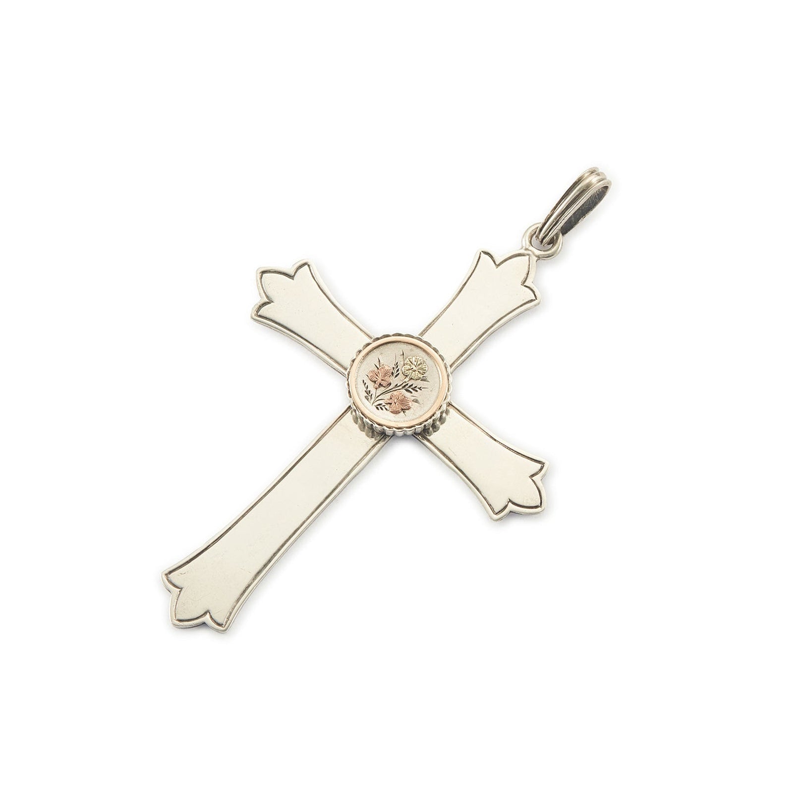 Exquisite Victorian silver cross pendant with a gold embellished floral design centrepiece.