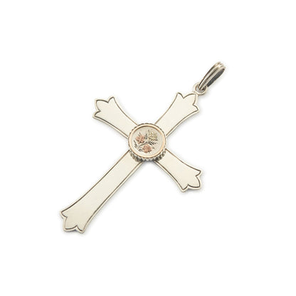 Exquisite Victorian silver cross pendant with a gold embellished floral design centrepiece.