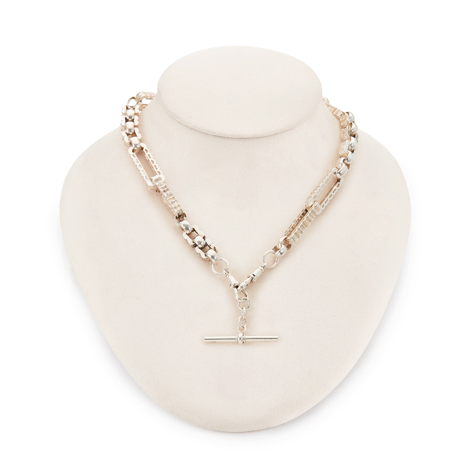 Stylish silver Victorian fob chain consisting of large, hollow, fancy links as well as two dog-clips and a t-bar.