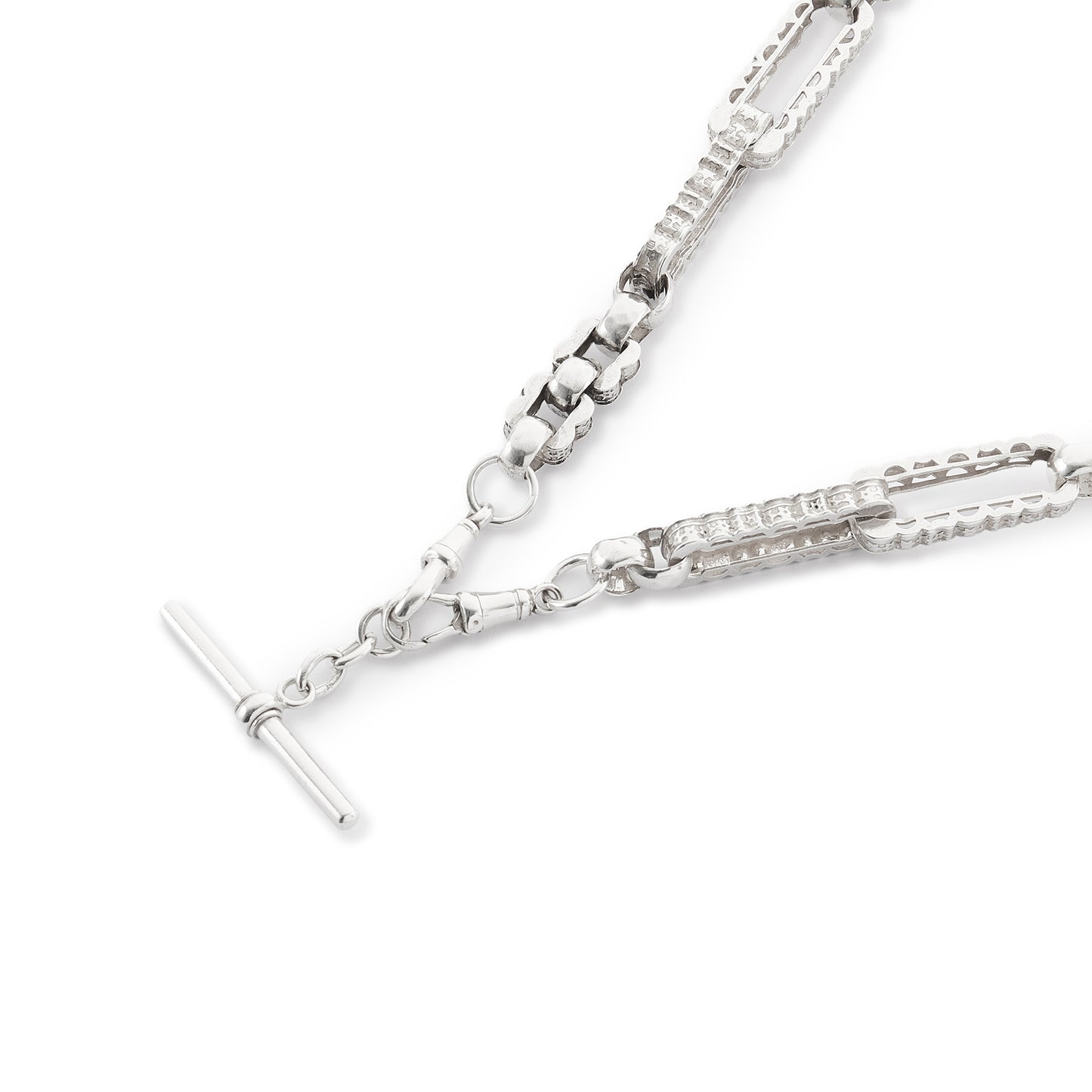 Stylish silver Victorian fob chain consisting of large, hollow, fancy links as well as two dog-clips and a t-bar.