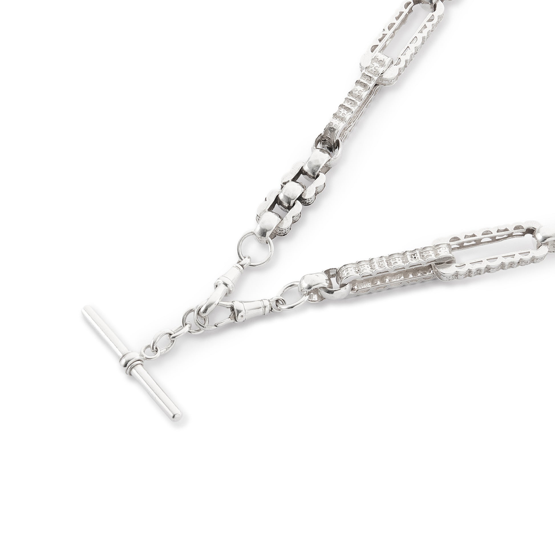 Stylish silver Victorian fob chain consisting of large, hollow, fancy links as well as two dog-clips and a t-bar.