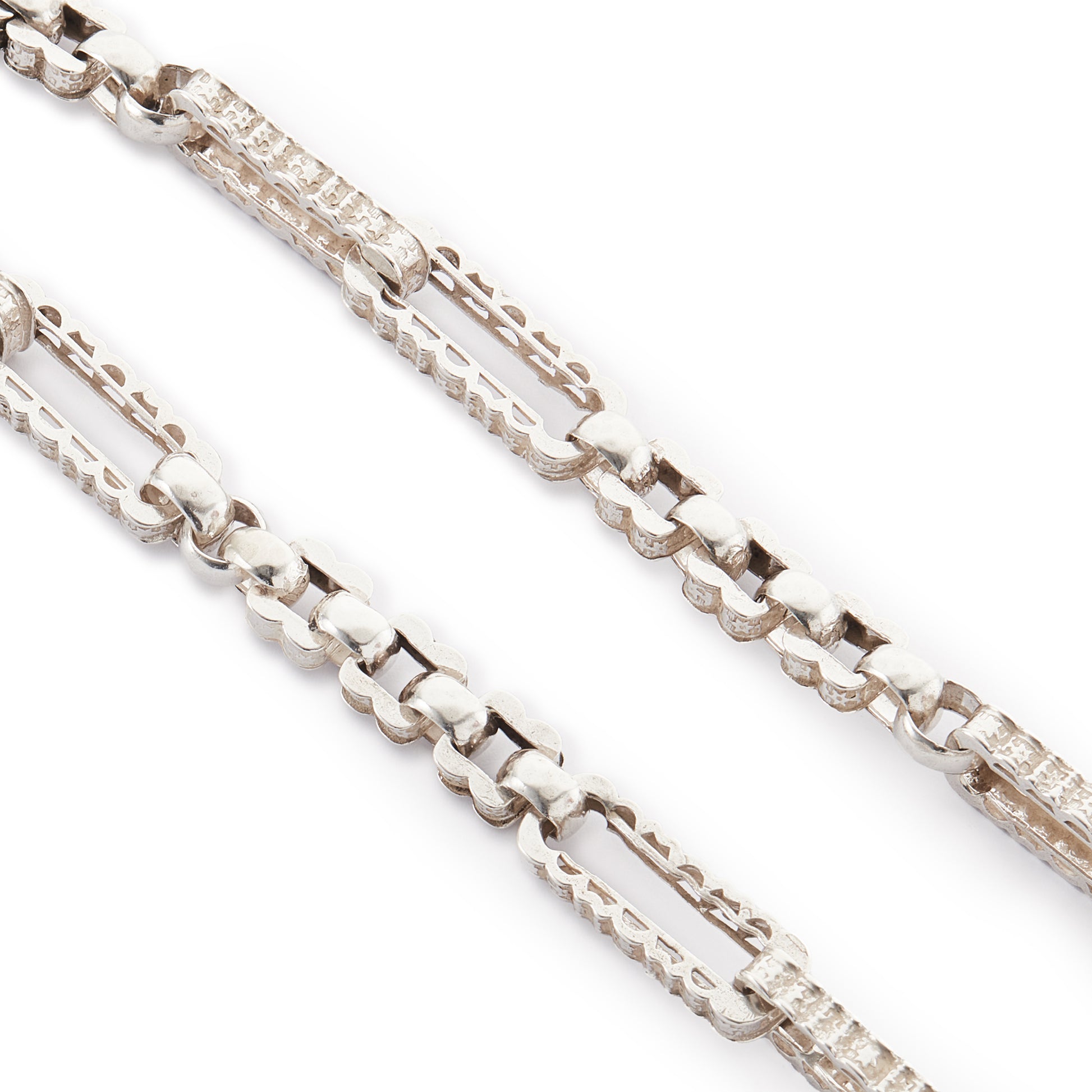 Stylish silver Victorian fob chain consisting of large, hollow, fancy links as well as two dog-clips and a t-bar.