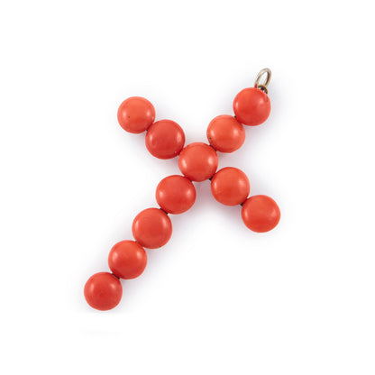 Sought after Victorian silver gilt cross pendant set with eleven natural Mediterranean coral pieces.