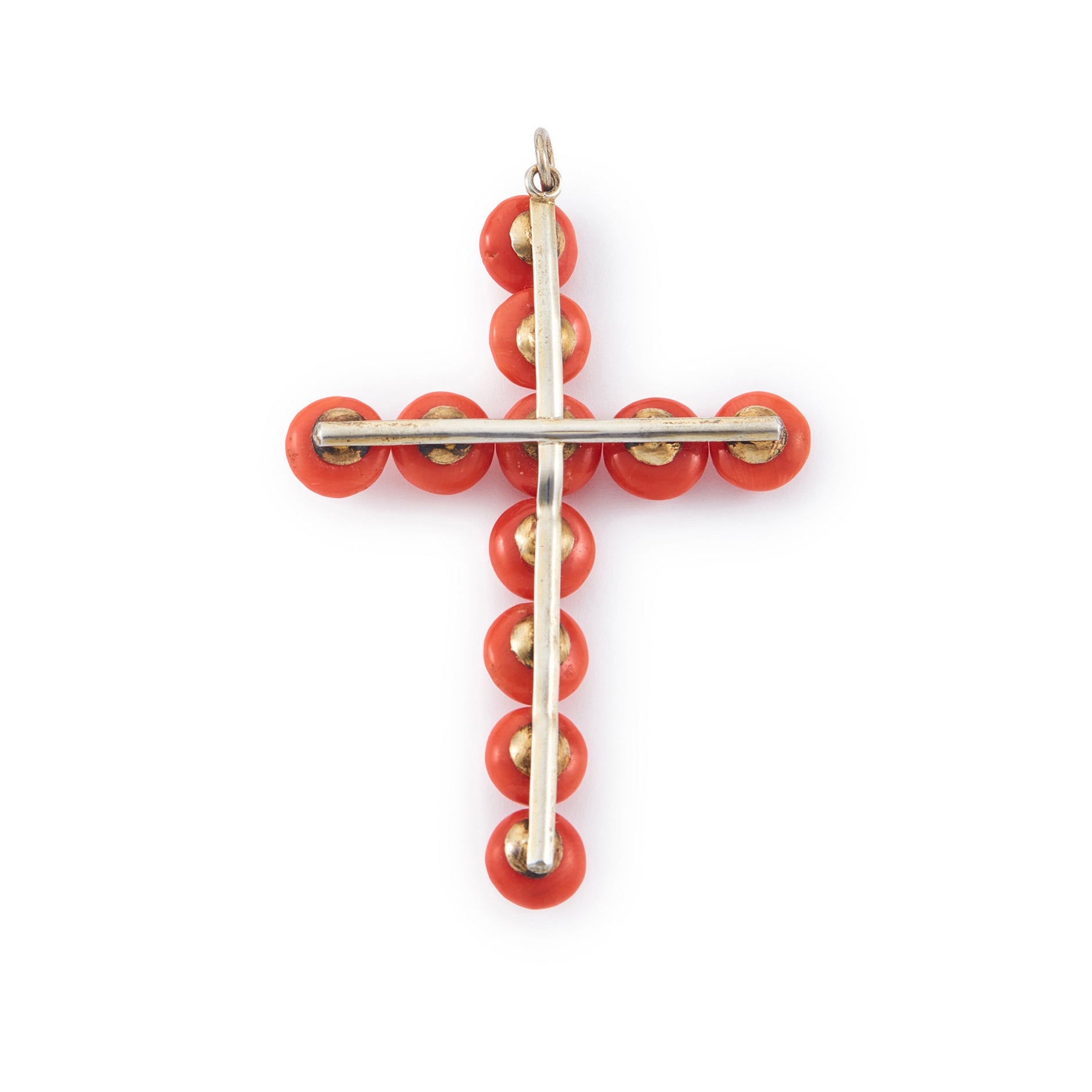 Sought after Victorian silver gilt cross pendant set with eleven natural Mediterranean coral pieces.