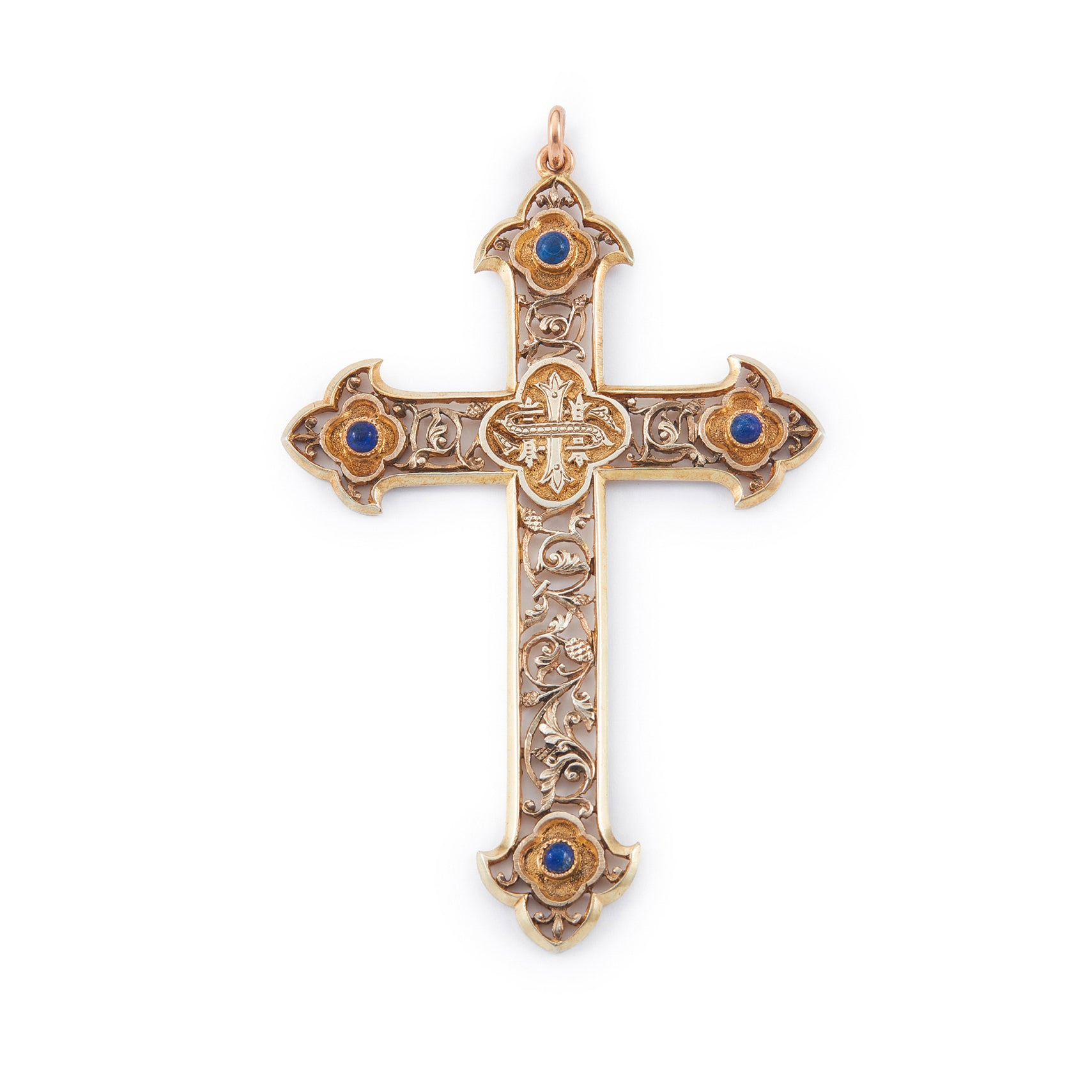 Ornately carved silver-gilt Victorian monogrammed cross pendant set with four lapis lazuli cabochon stones.