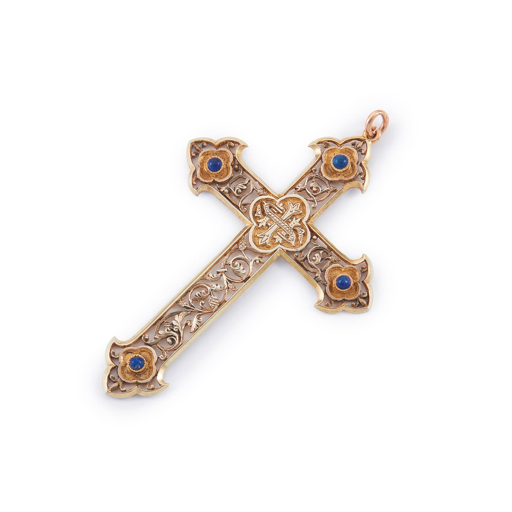 Ornately carved silver-gilt Victorian monogrammed cross pendant set with four lapis lazuli cabochon stones.