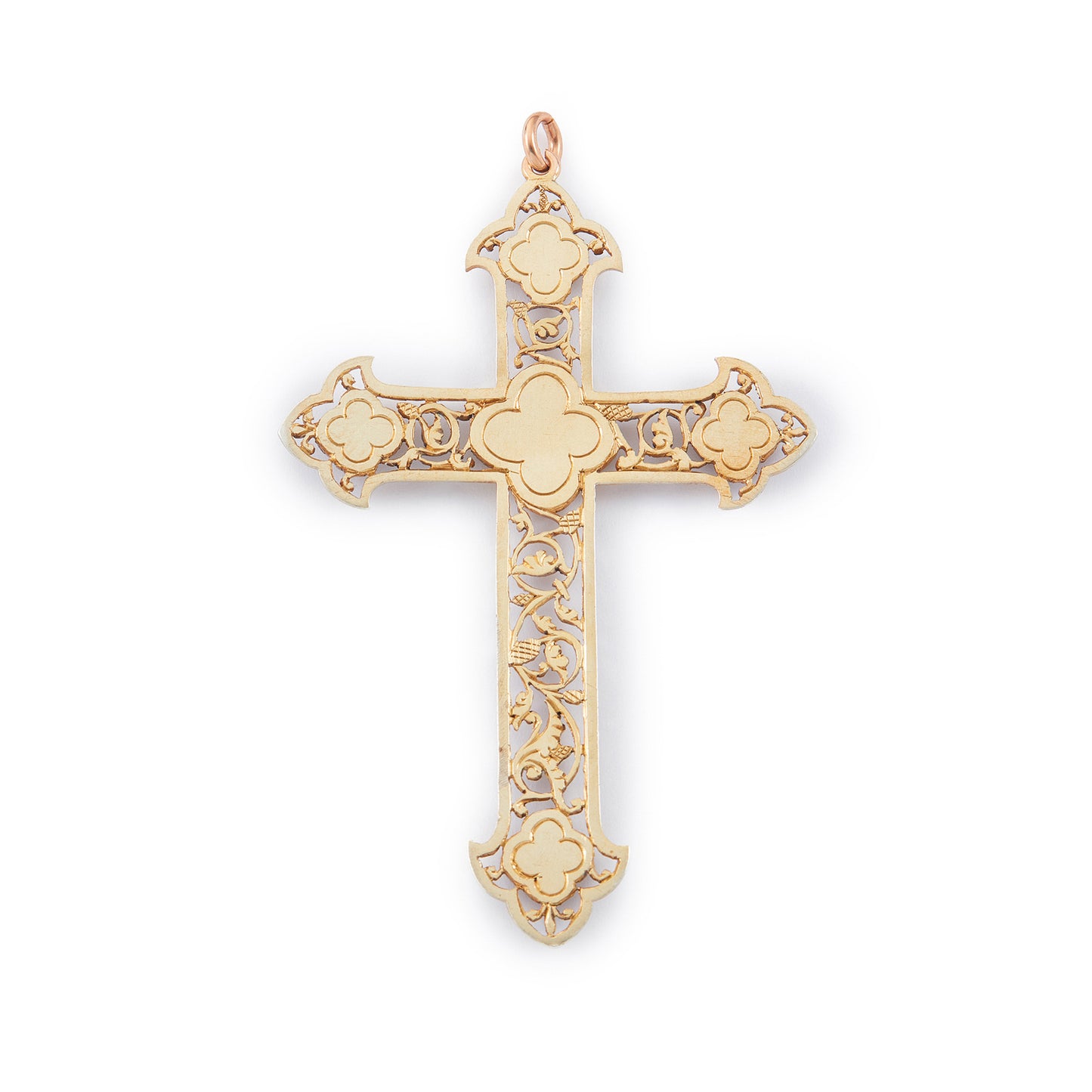Ornately carved silver-gilt Victorian monogrammed cross pendant set with four lapis lazuli cabochon stones.