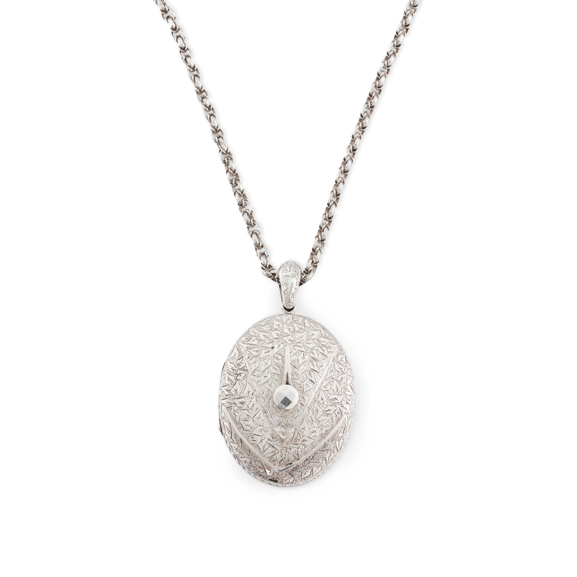 Beautifully engraved Victorian silver locket on an ornate silver chain with a barrel clasp.