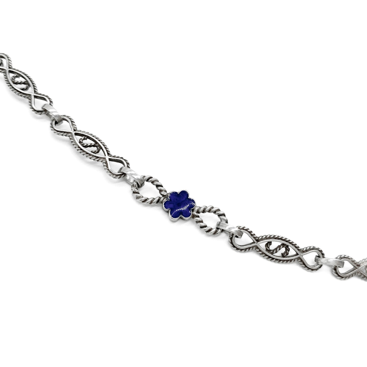 Beautiful Victorian oxidised silver long guard chain with intricate filigree links, joined with blue enamel flowers. Can be draped around the neck twice. Italy