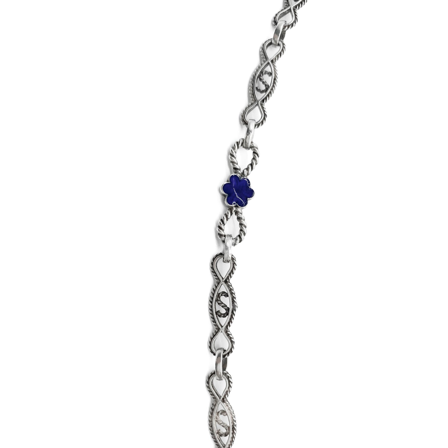 Beautiful Victorian oxidised silver long guard chain with intricate filigree links, joined with blue enamel flowers. Can be draped around the neck twice. Italy