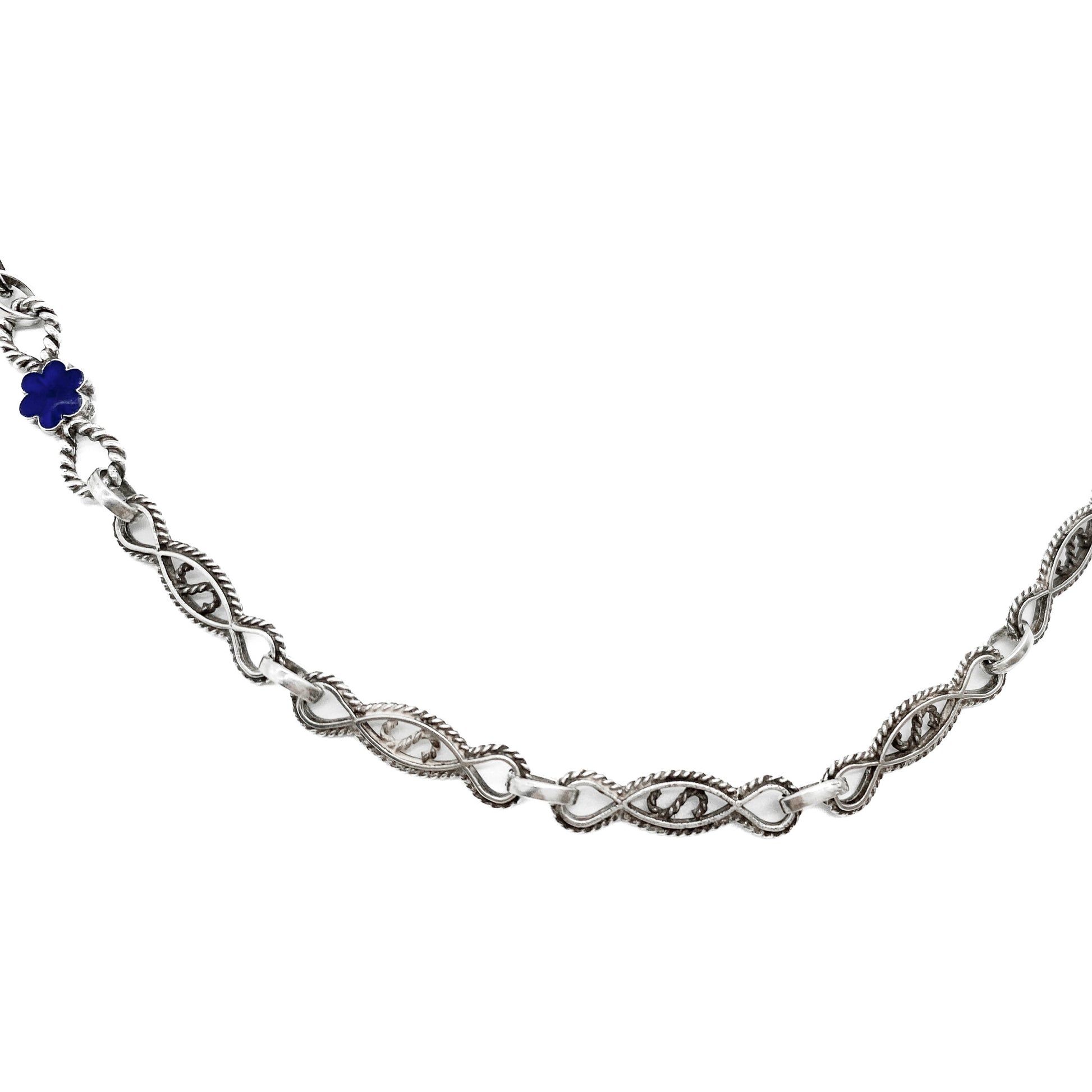 Beautiful Victorian oxidised silver long guard chain with intricate filigree links, joined with blue enamel flowers. Can be draped around the neck twice. Italy