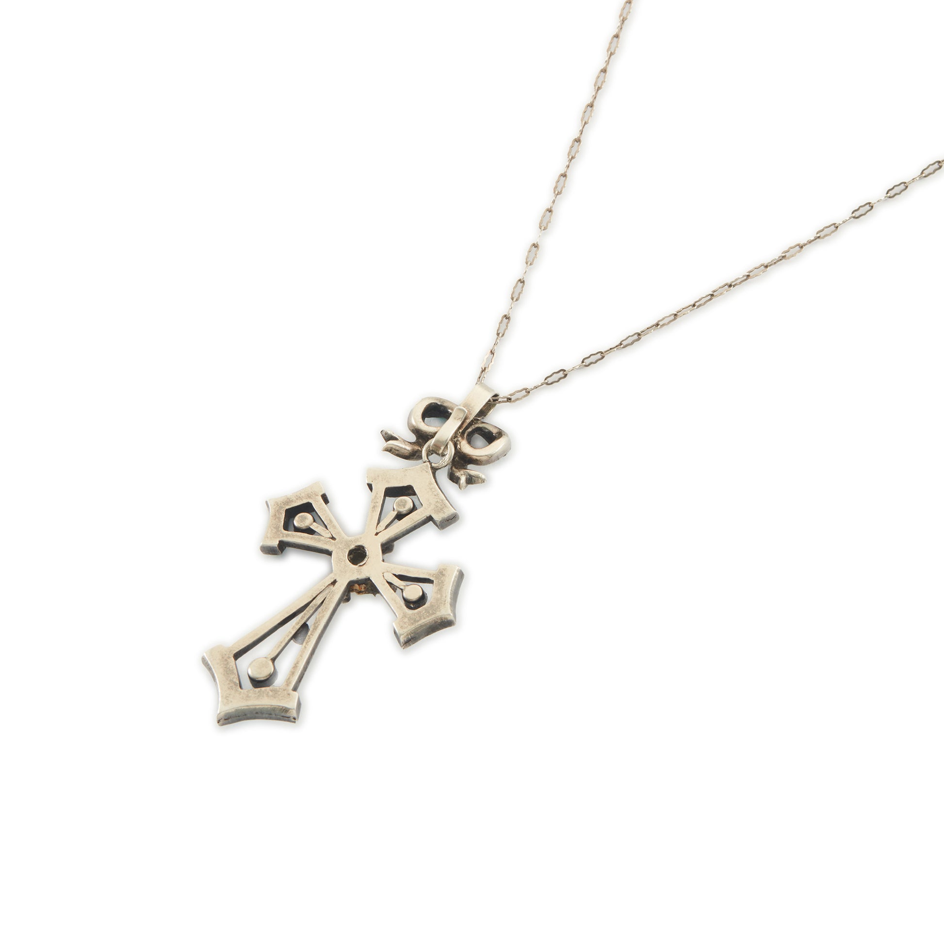 Exquisite Victorian silver enamelled turquoise cross and bow pendant set with five seed pearls, dangling from a long and intricate chain.