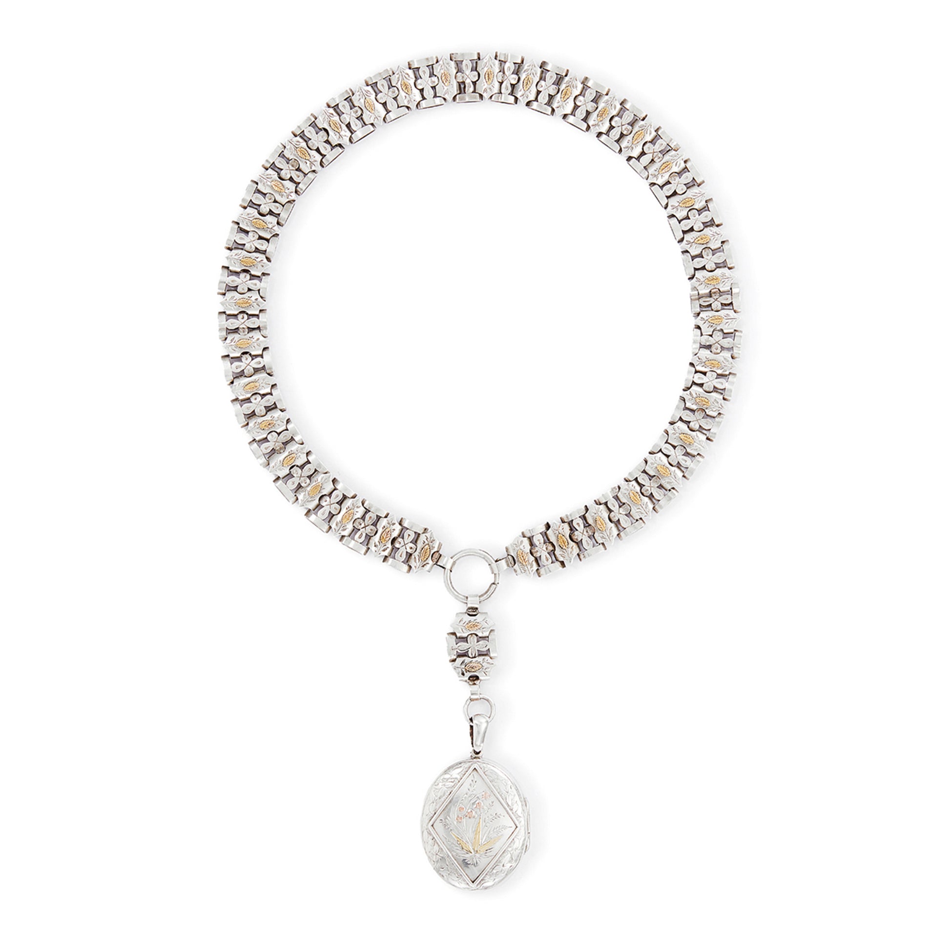 Stunning sterling silver Victorian locket on choker. Both the locket and choker are beautifully engraved with ornate gold detail. Locket takes two photographs and has one oval piece of glass on the inside of the frame. 