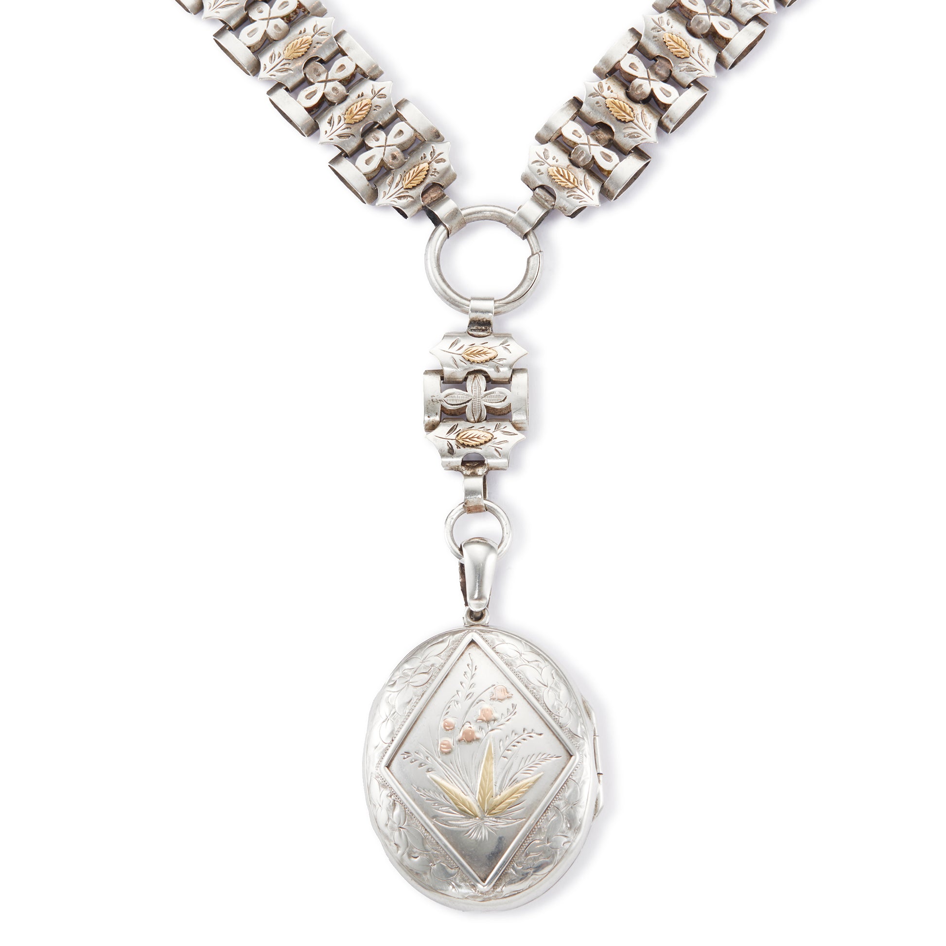 Stunning sterling silver Victorian locket on choker. Both the locket and choker are beautifully engraved with ornate gold detail. Locket takes two photographs and has one oval piece of glass on the inside of the frame. 