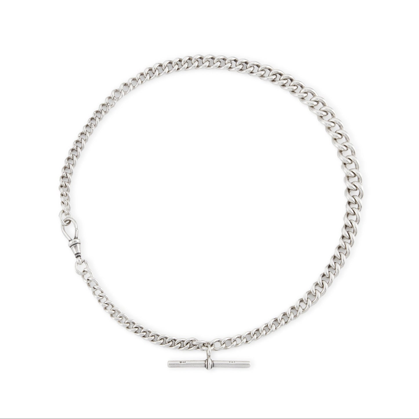 Classic and heavy Victorian graduated curb link sterling silver fob chain with dog clip and t-bar.