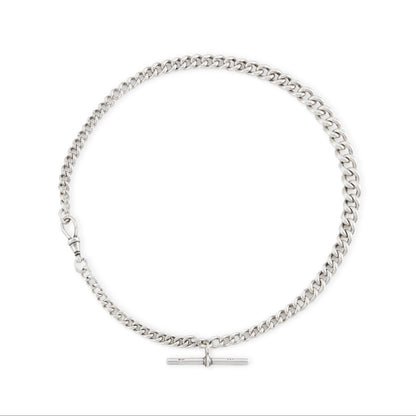 Classic and heavy Victorian graduated curb link sterling silver fob chain with dog clip and t-bar.