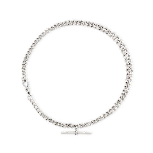 Classic and heavy Victorian graduated curb link sterling silver fob chain with dog clip and t-bar.