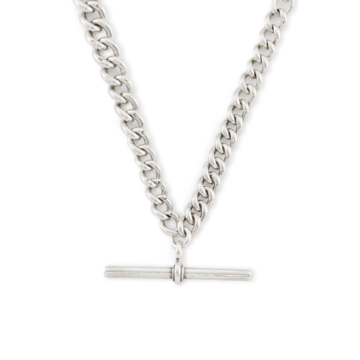 Classic and heavy Victorian graduated curb link sterling silver fob chain with dog clip and t-bar.