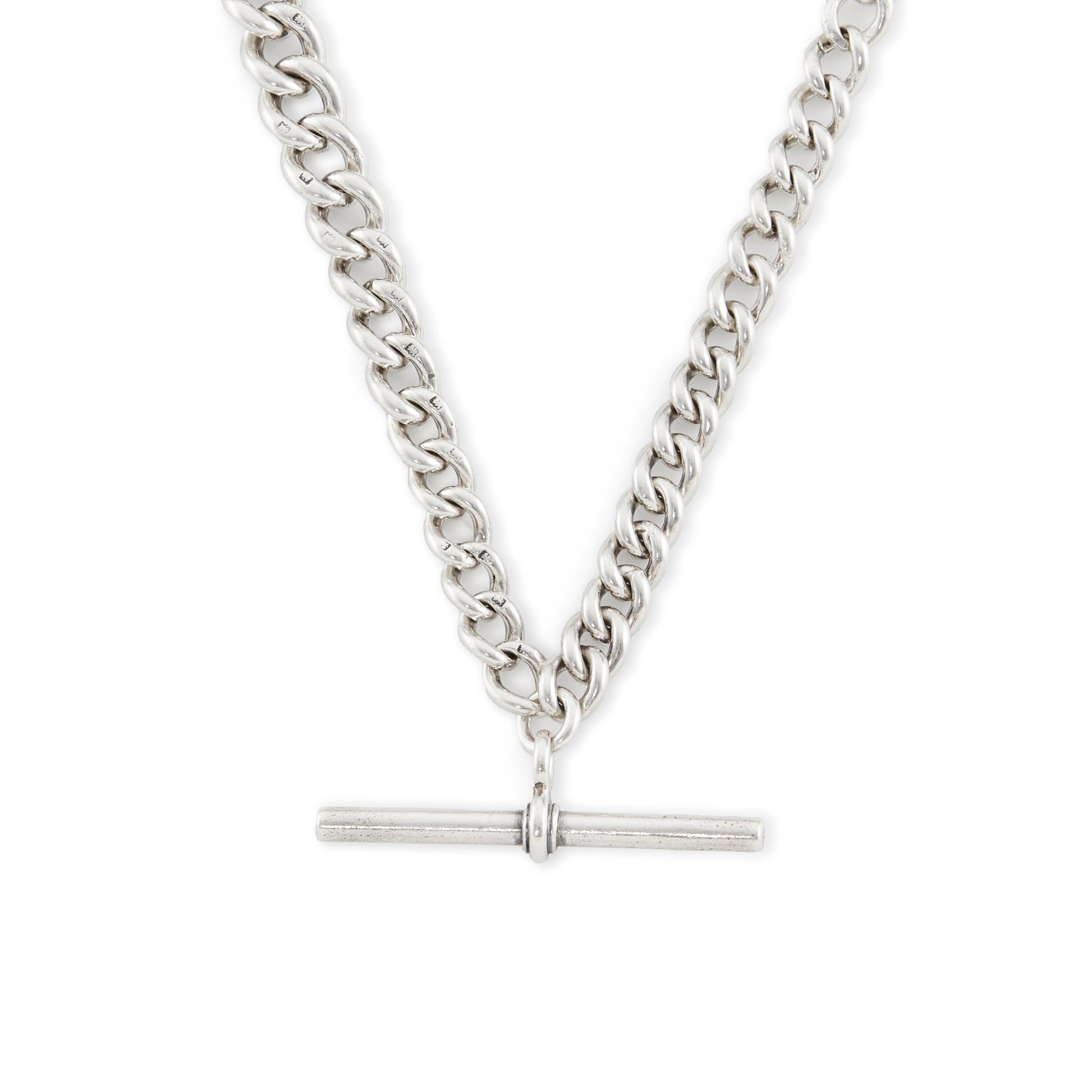 Classic and heavy Victorian graduated curb link sterling silver fob chain with dog clip and t-bar.
