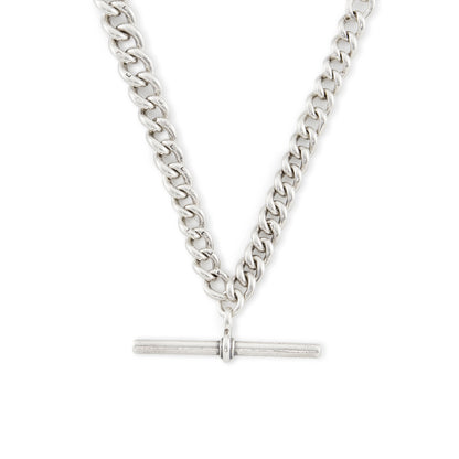 Classic and heavy Victorian graduated curb link sterling silver fob chain with dog clip and t-bar.