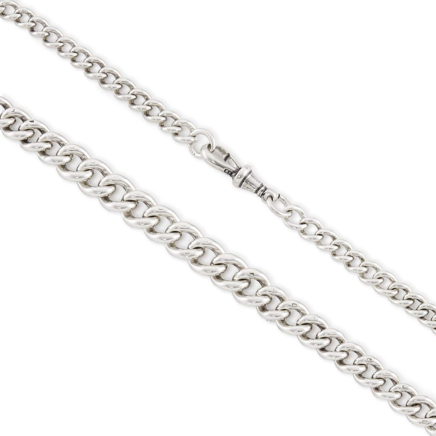 Classic and heavy Victorian graduated curb link sterling silver fob chain with dog clip and t-bar.