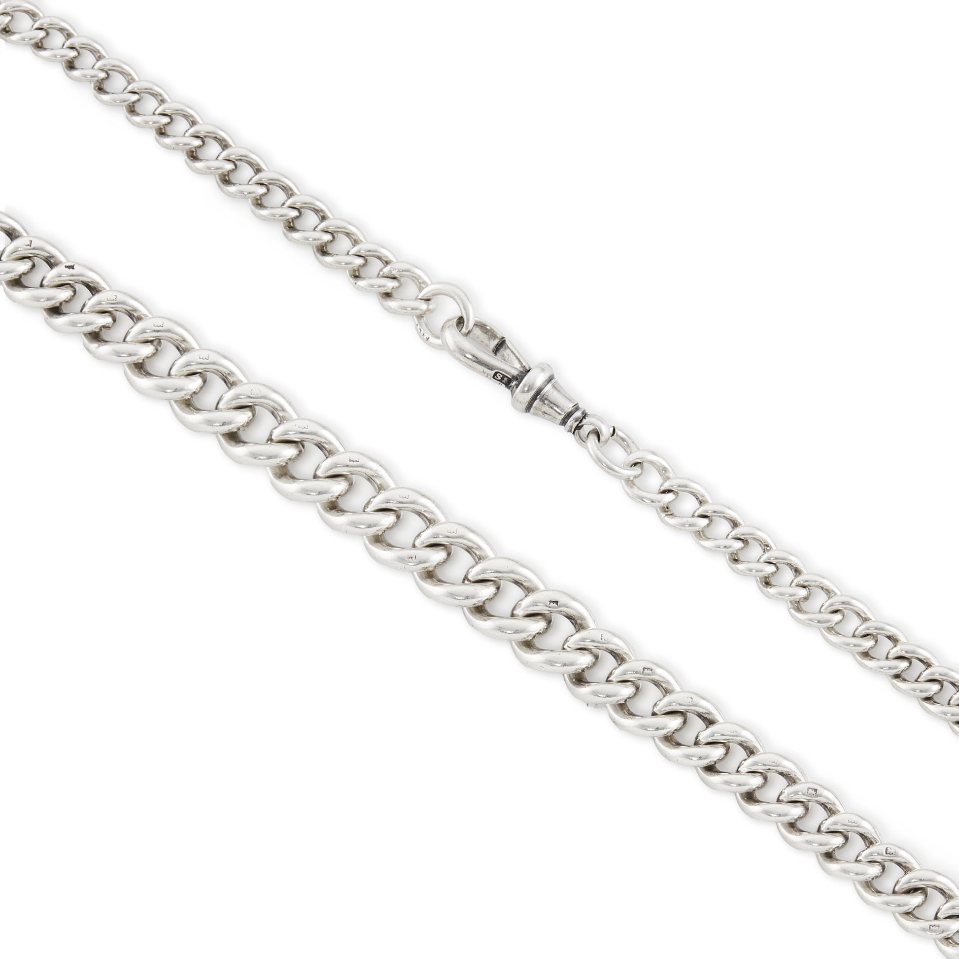Classic and heavy Victorian graduated curb link sterling silver fob chain with dog clip and t-bar.