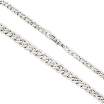 Classic and heavy Victorian graduated curb link sterling silver fob chain with dog clip and t-bar.