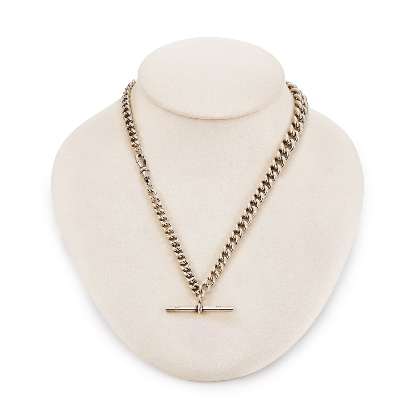 Classic and heavy Victorian graduated curb link sterling silver fob chain with dog clip and t-bar.