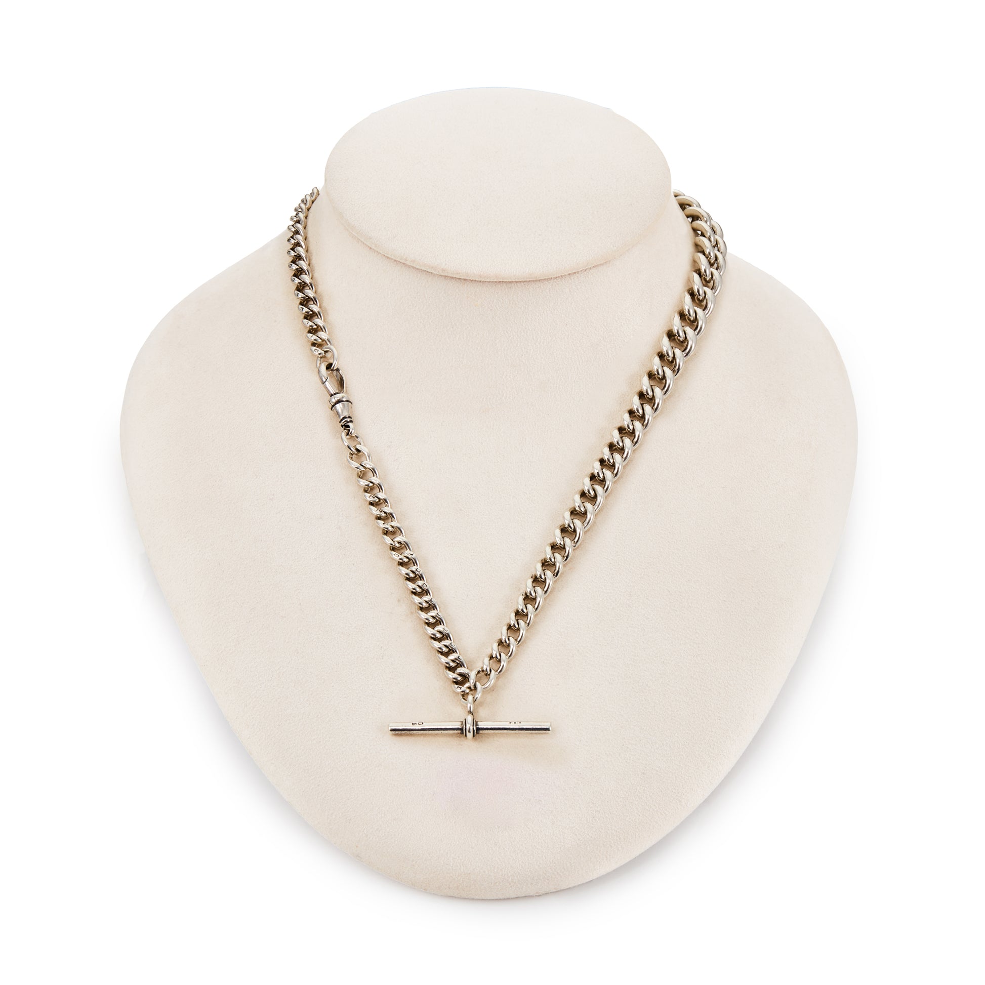 Classic and heavy Victorian graduated curb link sterling silver fob chain with dog clip and t-bar.