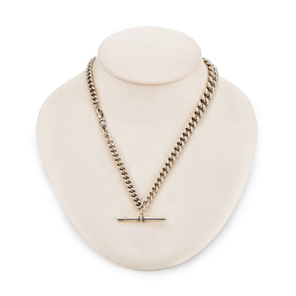 Classic and heavy Victorian graduated curb link sterling silver fob chain with dog clip and t-bar.