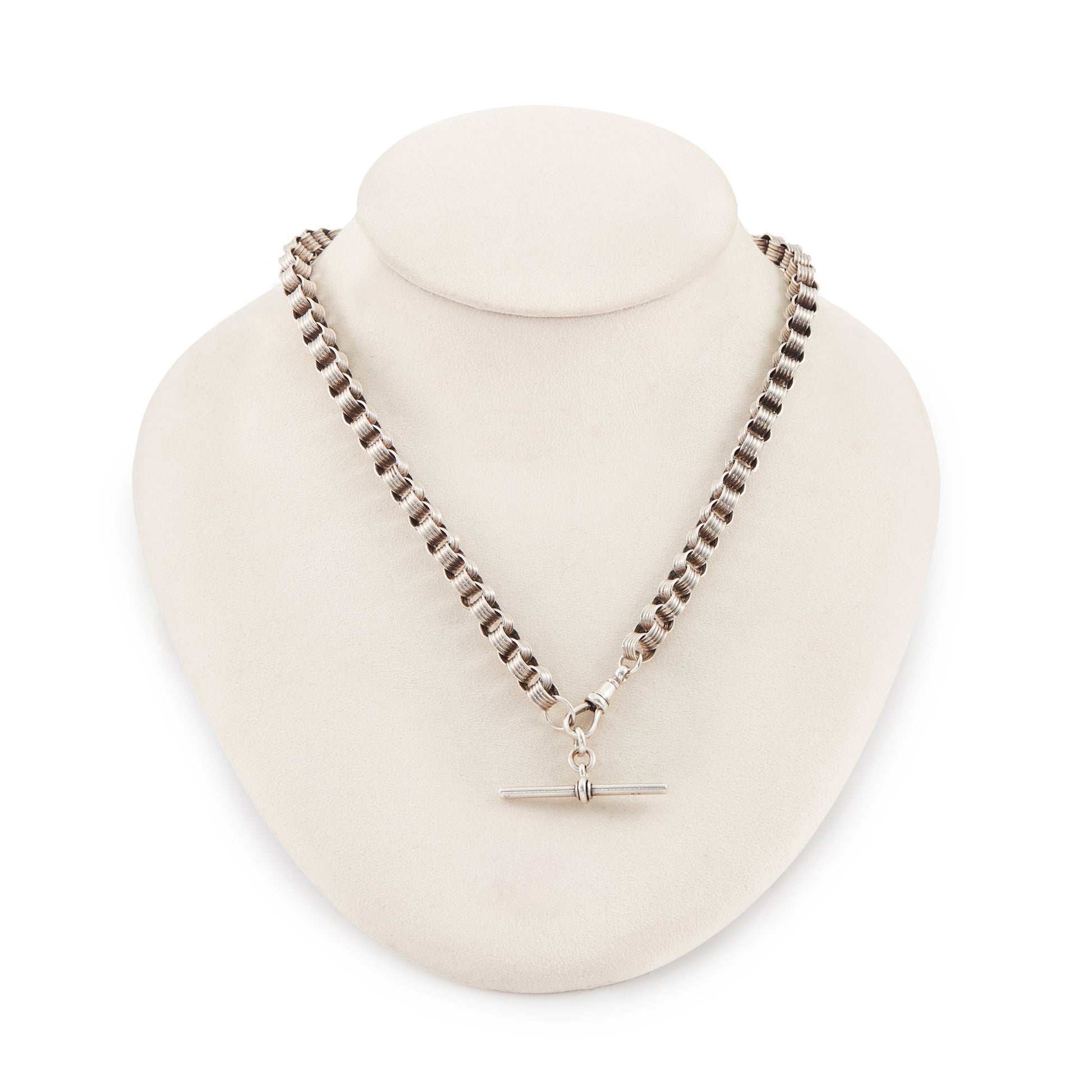 Classic sterling silver Victorian banded belcher link fob chain with a dog clip and t-bar.