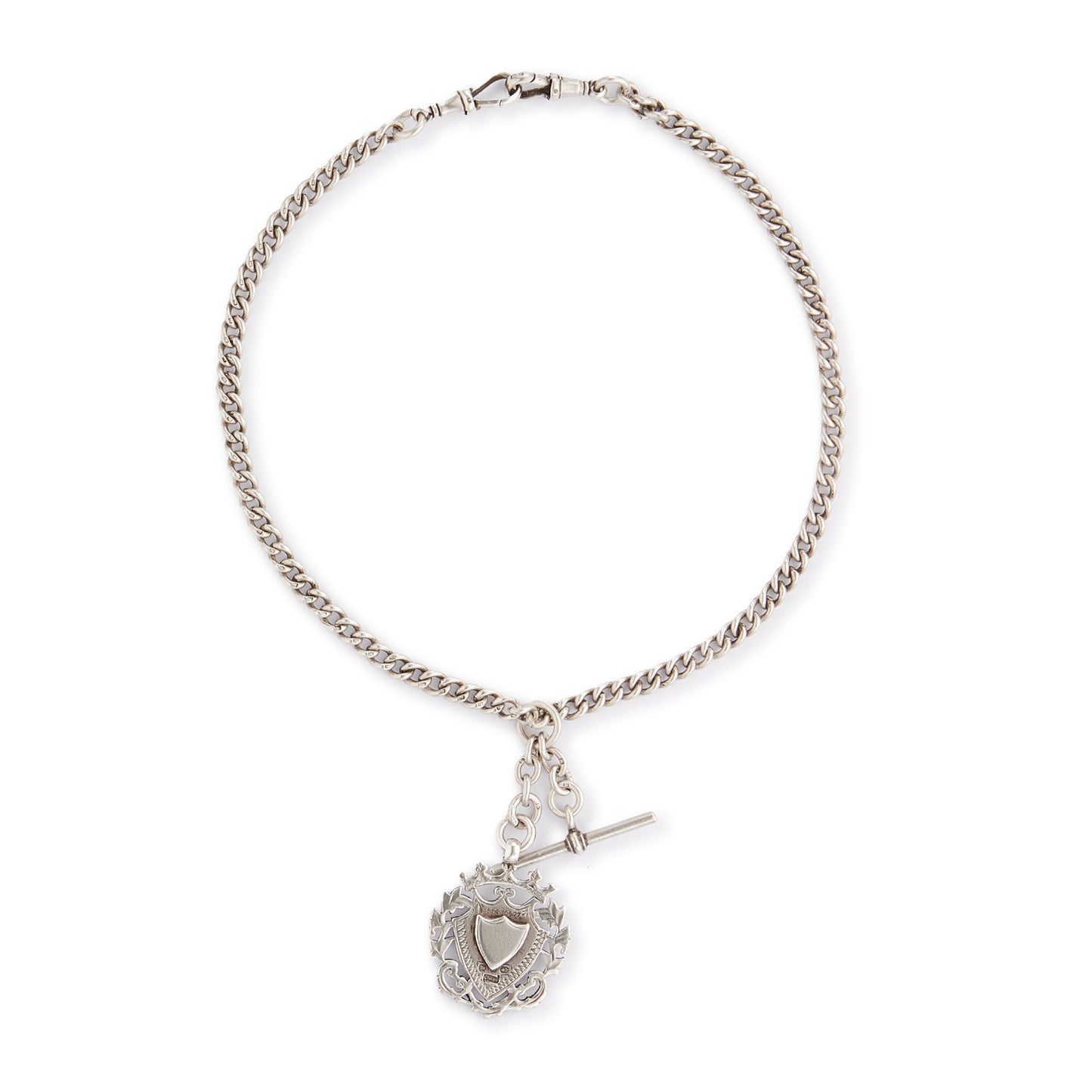 Classic Victorian sterling silver curb-link fob chain with an ornate medallion, a t-bar and two dog-clips.