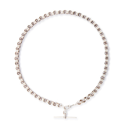 Classic sterling silver Victorian banded belcher link fob chain with a dog clip and t-bar.