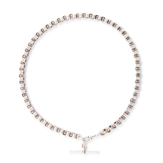 Classic sterling silver Victorian banded belcher link fob chain with a dog clip and t-bar.