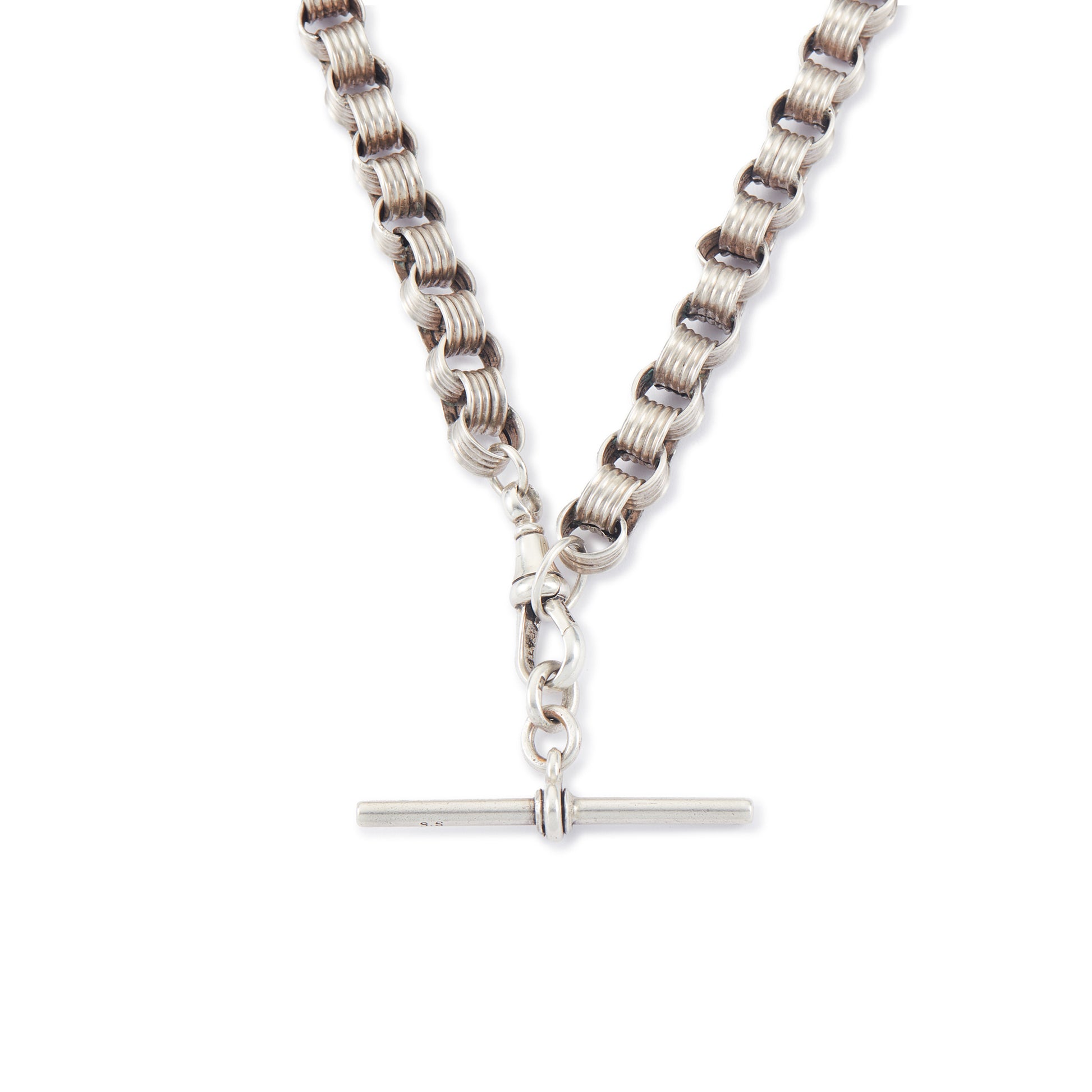 Classic sterling silver Victorian banded belcher link fob chain with a dog clip and t-bar.