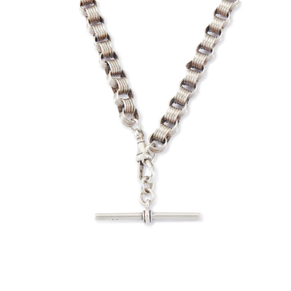 Classic sterling silver Victorian banded belcher link fob chain with a dog clip and t-bar.