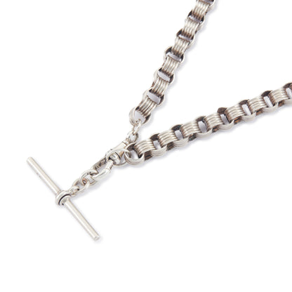 Classic sterling silver Victorian banded belcher link fob chain with a dog clip and t-bar.