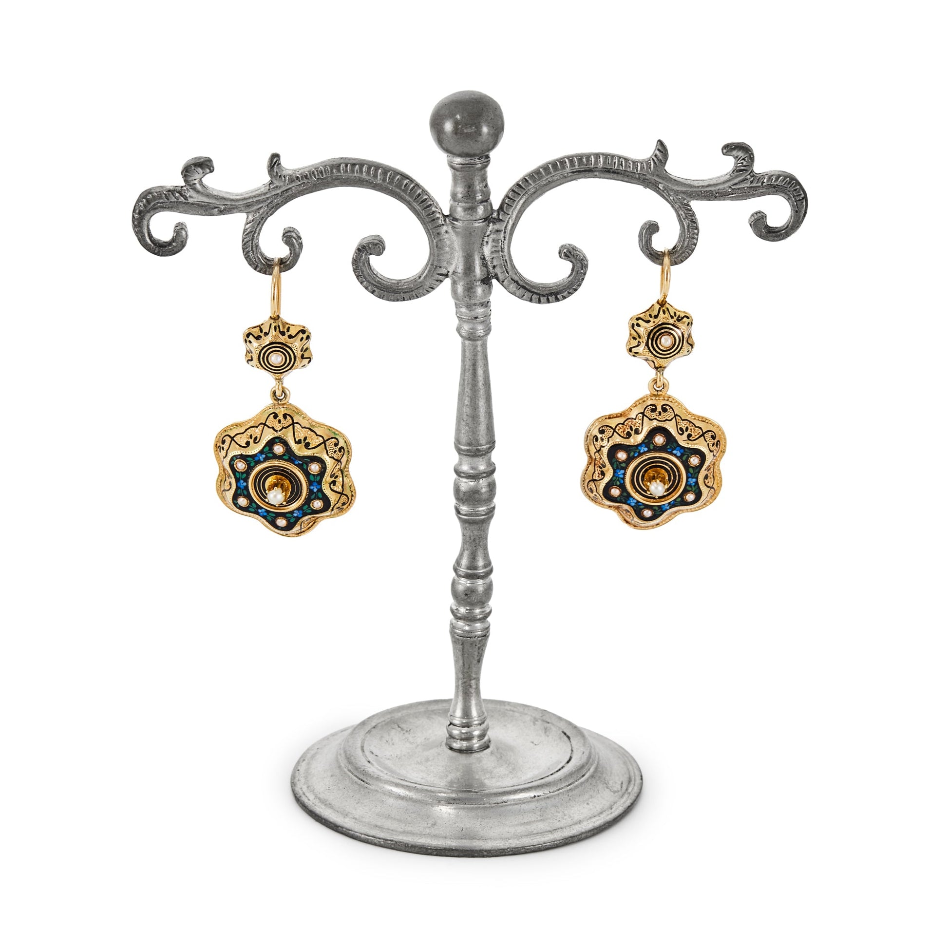 Magnificent Victorian 15ct gold dangling earrings with beautiful black, blue and green enamelling in an intricate floral pattern. Each earring is set with eight small seed pearls.