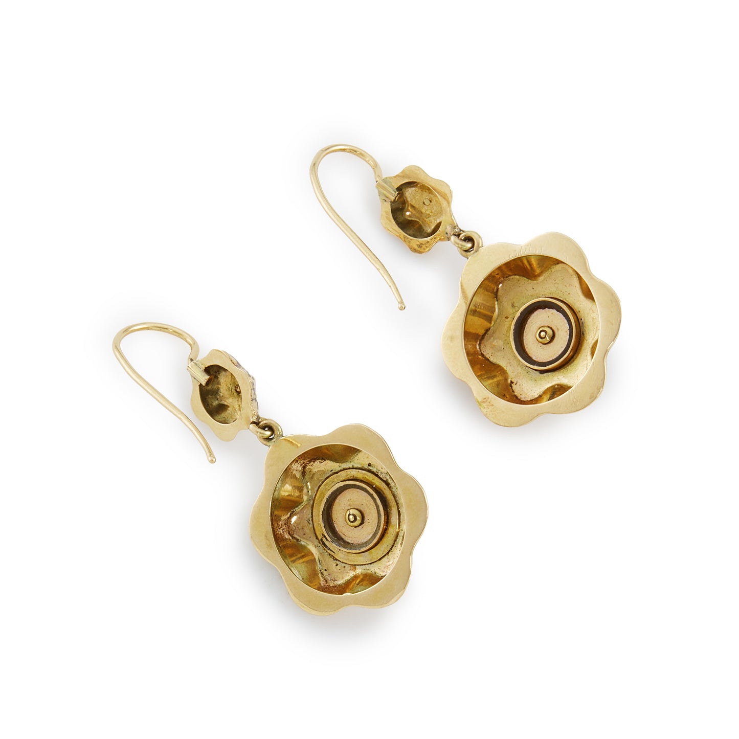 Magnificent Victorian 15ct gold dangling earrings with beautiful black, blue and green enamelling in an intricate floral pattern. Each earring is set with eight small seed pearls.