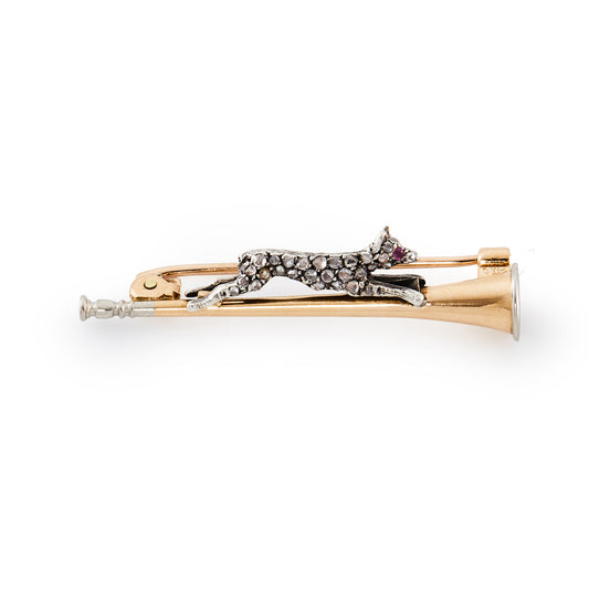 Quaint 15ct gold Victorian bugle brooch, set with a silver fox embossed with mine cut diamonds and a ruby eye.
