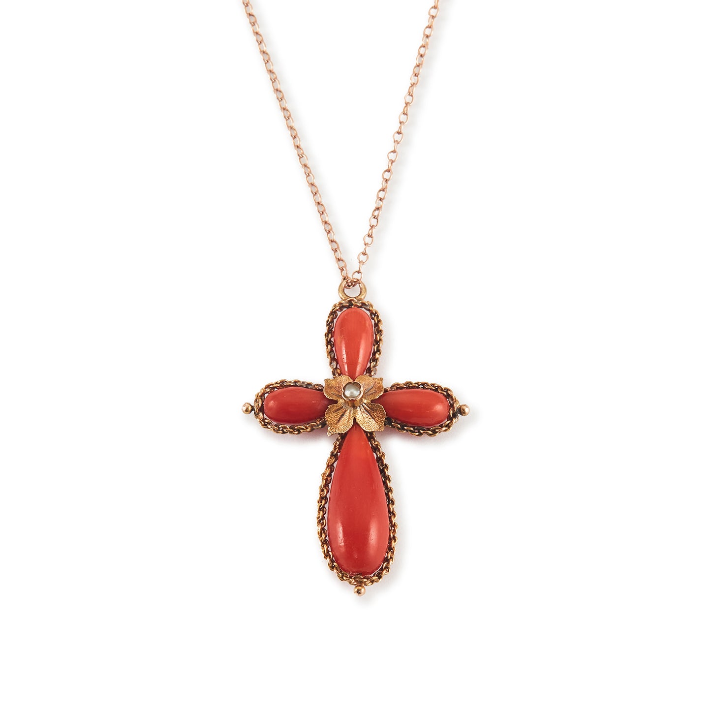 Lovely Victorian coral cross pendant, with a centre seed pearl in a 15ct rose gold setting, hanging from a Victorian 9ct rose gold chain.