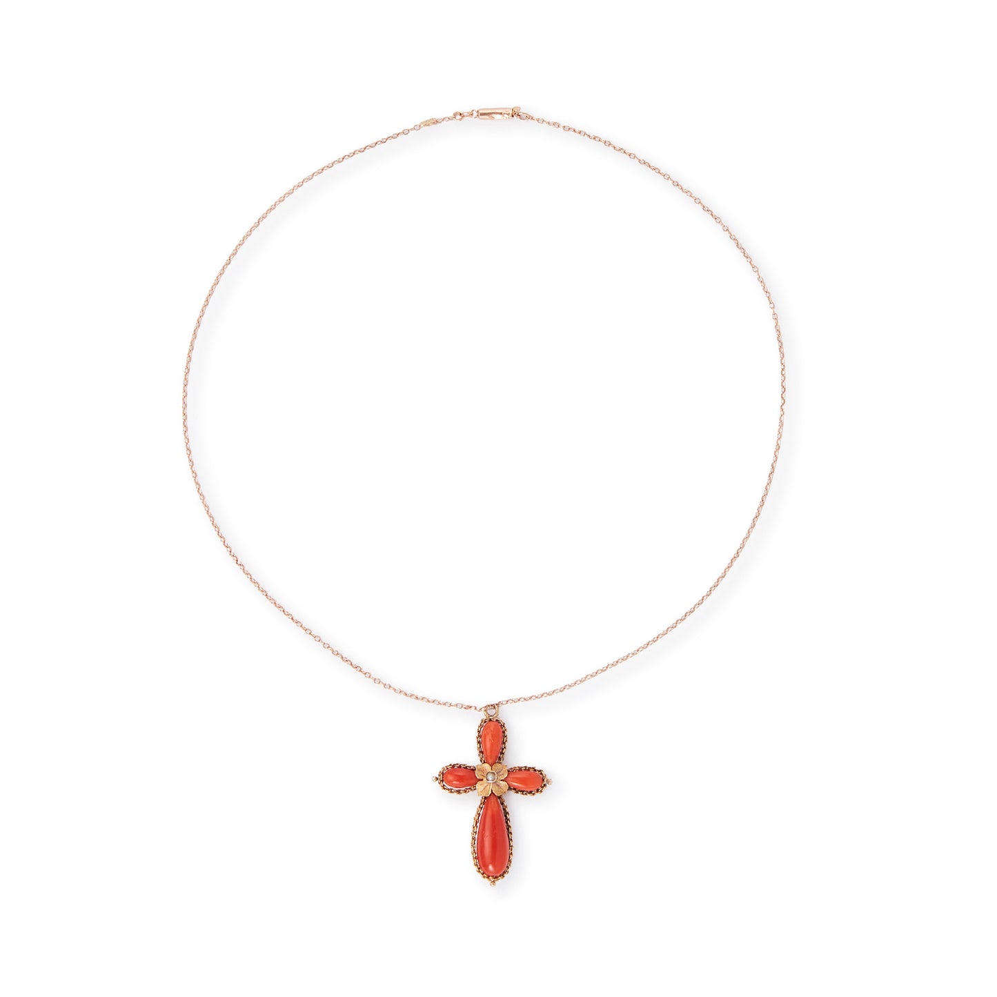 Lovely Victorian coral cross pendant, with a centre seed pearl in a 15ct rose gold setting, hanging from a Victorian 9ct rose gold chain.