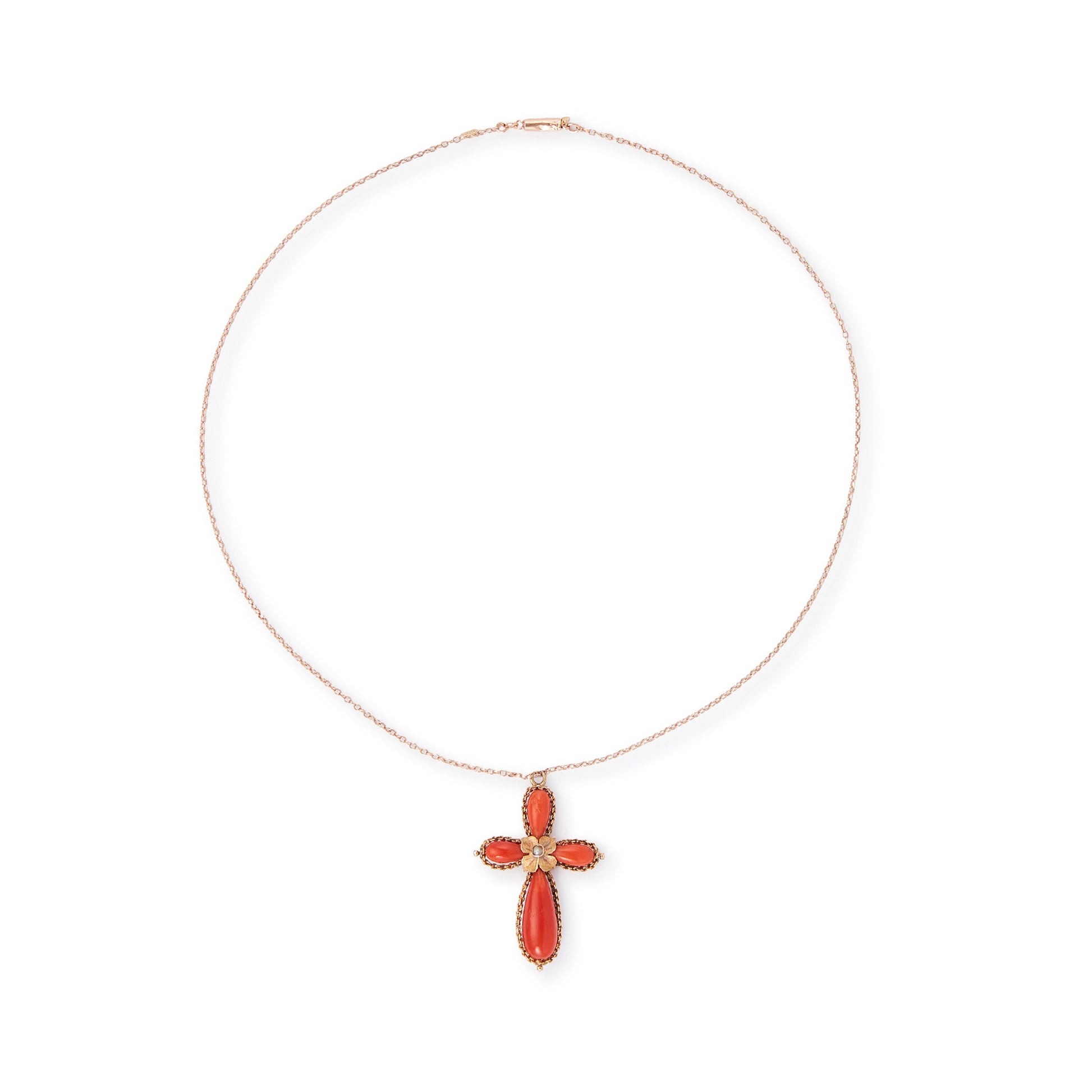 Lovely Victorian coral cross pendant, with a centre seed pearl in a 15ct rose gold setting, hanging from a Victorian 9ct rose gold chain.
