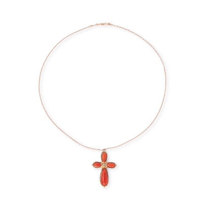 Lovely Victorian coral cross pendant, with a centre seed pearl in a 15ct rose gold setting, hanging from a Victorian 9ct rose gold chain.