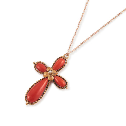 Lovely Victorian coral cross pendant, with a centre seed pearl in a 15ct rose gold setting, hanging from a Victorian 9ct rose gold chain.