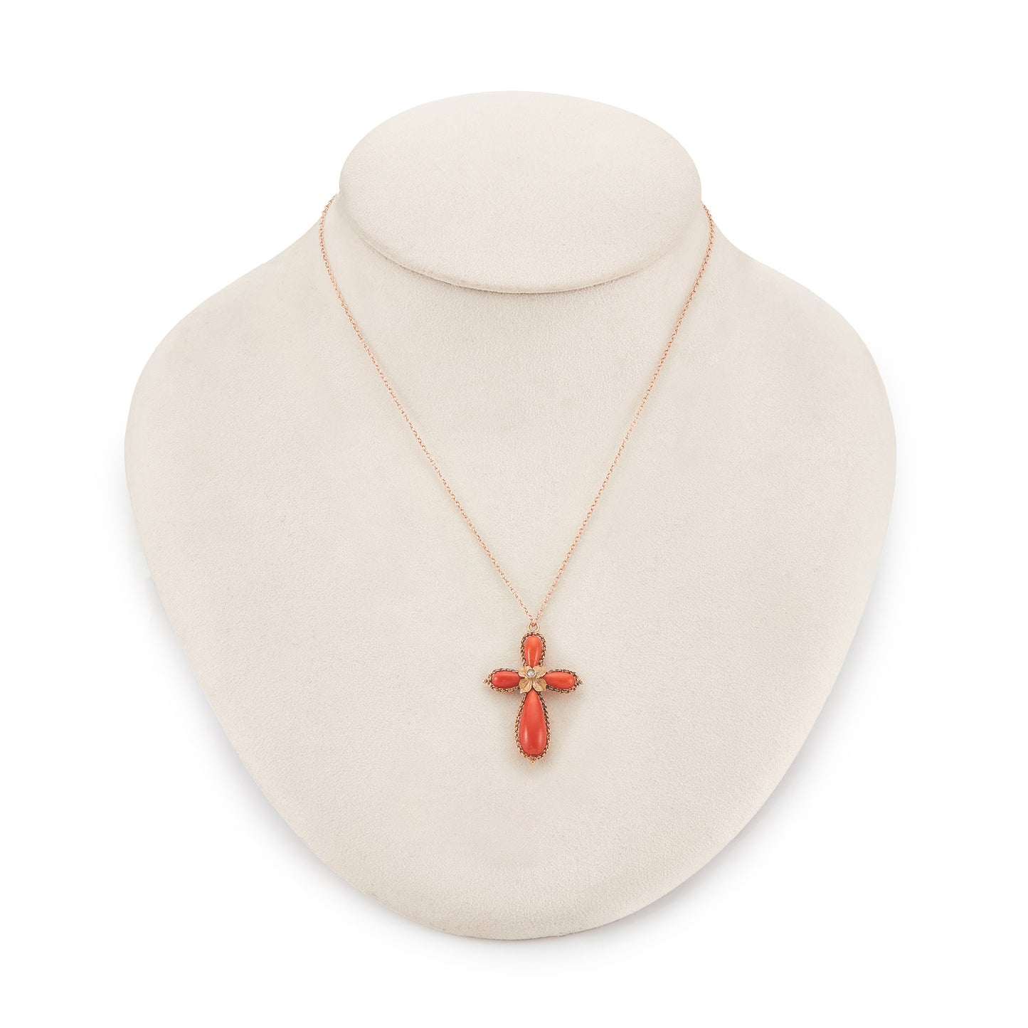 Lovely Victorian coral cross pendant, with a centre seed pearl in a 15ct rose gold setting, hanging from a Victorian 9ct rose gold chain.