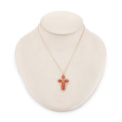 Lovely Victorian coral cross pendant, with a centre seed pearl in a 15ct rose gold setting, hanging from a Victorian 9ct rose gold chain.