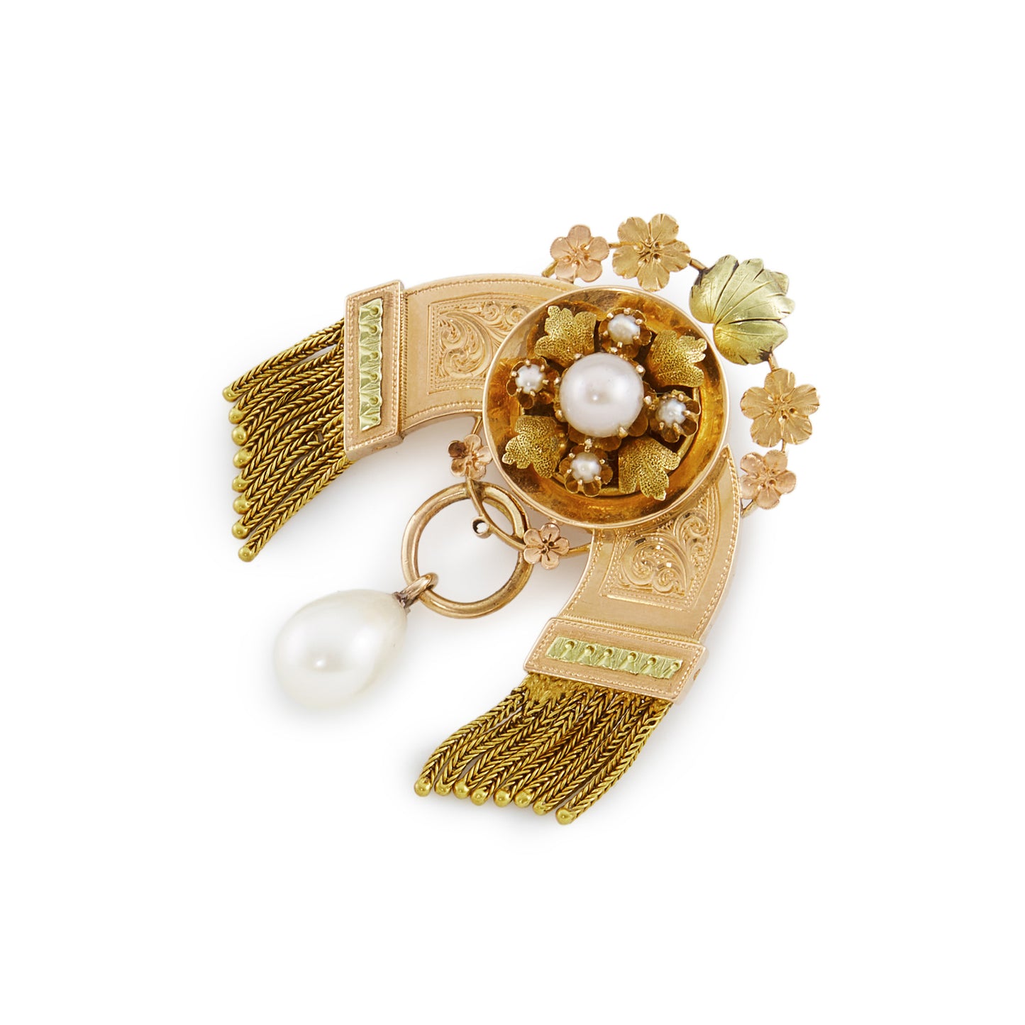 Beautifully engraved rose and yellow gold tassel pendant set with a cultured saltwater pearl, four seed pearls and a dangling teardrop pearl. The pendant has ornate flower detail and two loops at the back to thread the pendant through a chain.
