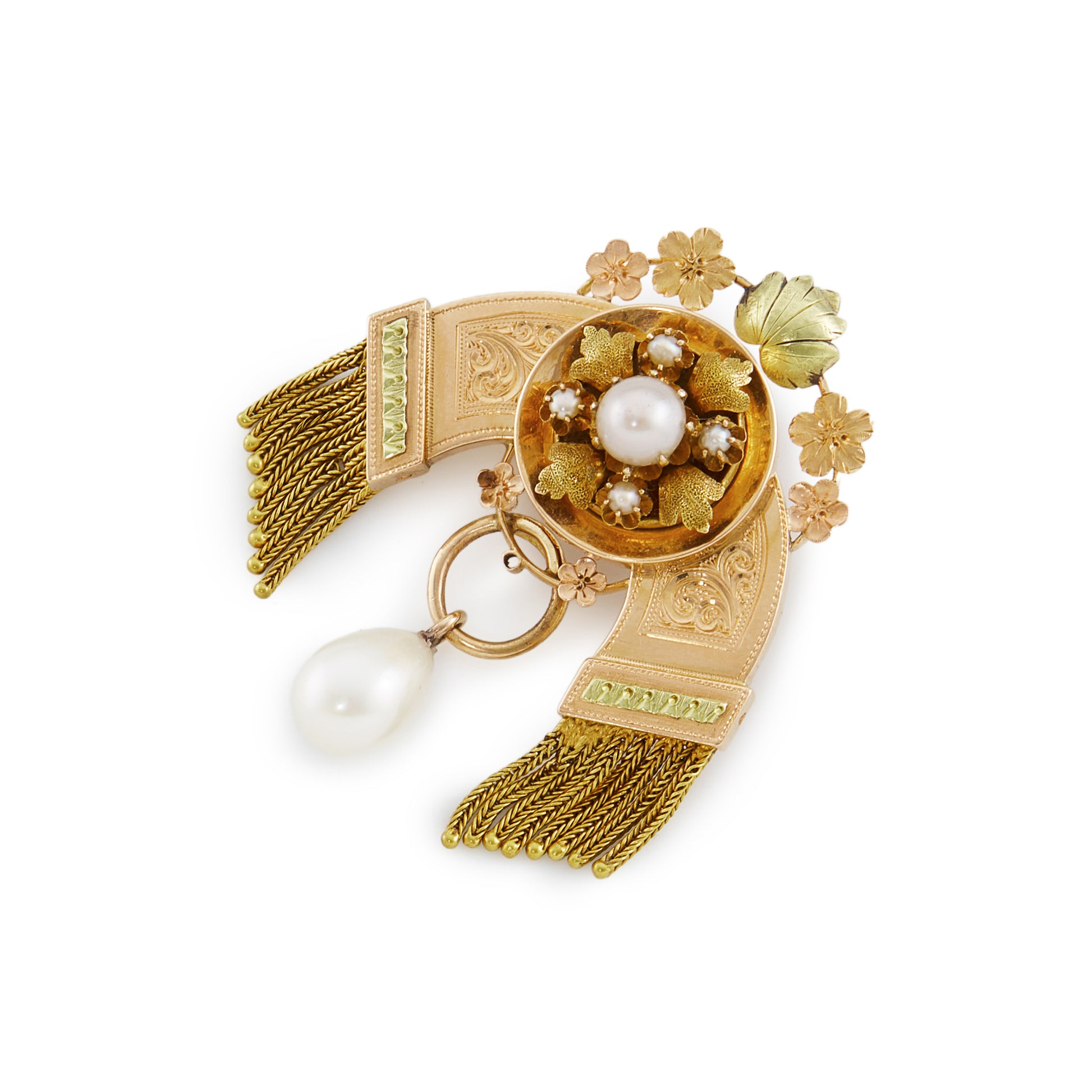 Beautifully engraved rose and yellow gold tassel pendant set with a cultured saltwater pearl, four seed pearls and a dangling teardrop pearl. The pendant has ornate flower detail and two loops at the back to thread the pendant through a chain.