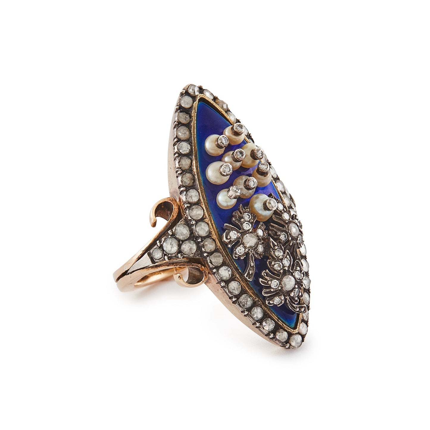Magnificent and unusual Victorian marquise-shaped 18ct rose gold and silver blue enamel ring. The ring is accented with nine riveted pearls topped with diamonds and three riveted diamond-encrusted leaves. The piece also has rough-cut diamonds around the rim and shoulders. A real statement piece!